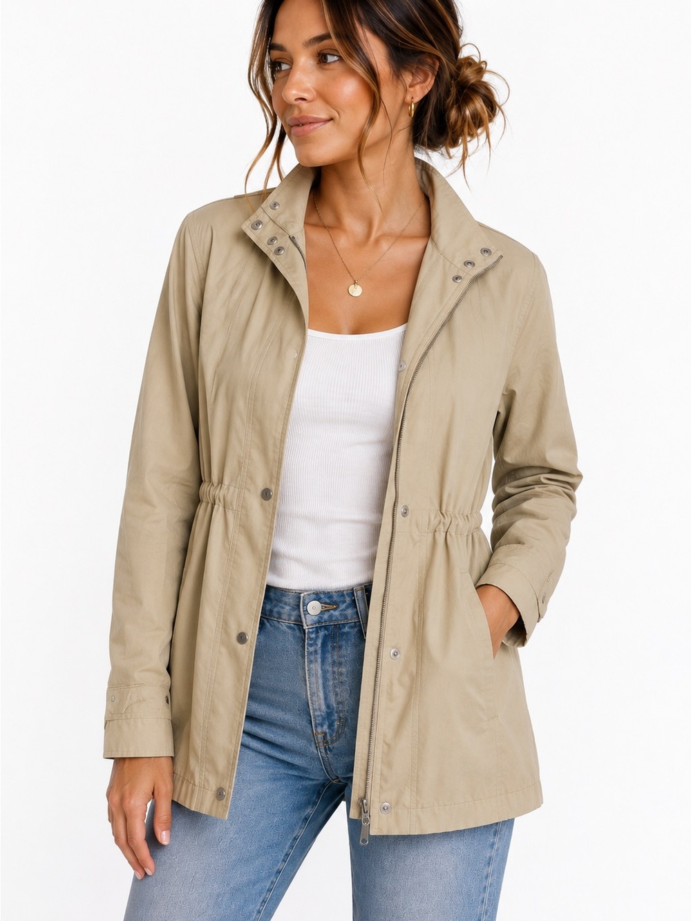 NWT A New Day Khaki Utility Jacket XS Lightweight Drawstring Waist Fall